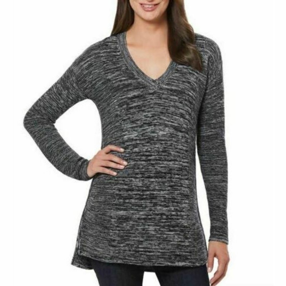 Ellen Tracy Marled Sweater Sz M Black Cable-Knit Pullover V-Neck Space-Dye Tunic